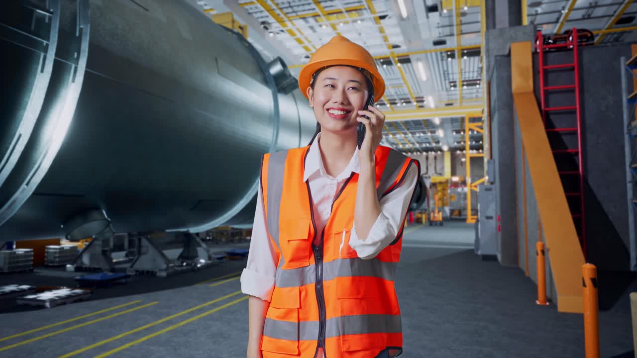 여성 엔지니어가 공장에서 전화로 이야기하고 있습니다.