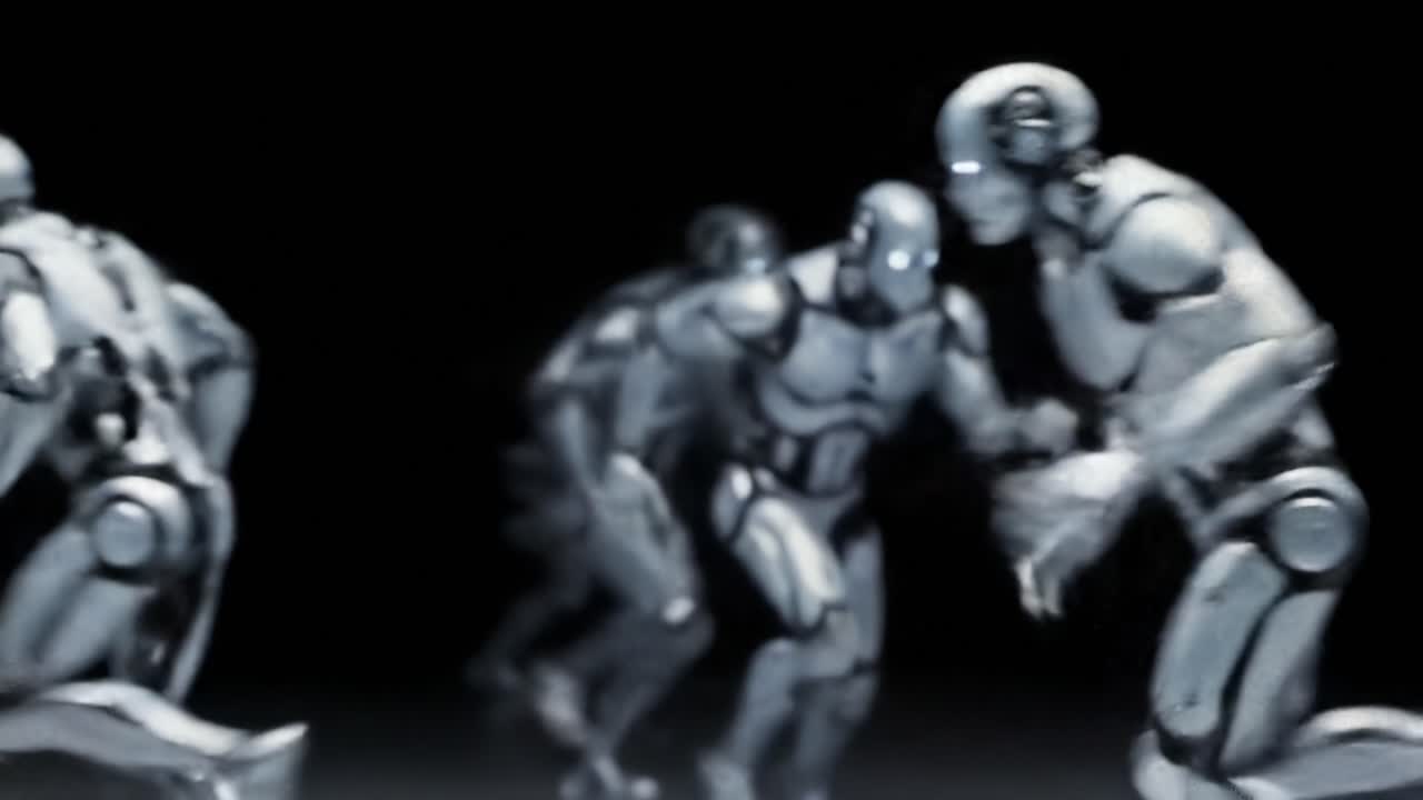 Dynamic Movement of Futuristic Robots: Captivating Frames Showcasing the Evolution and Energy of Robotic Running and Interaction in a High-Tech Environment