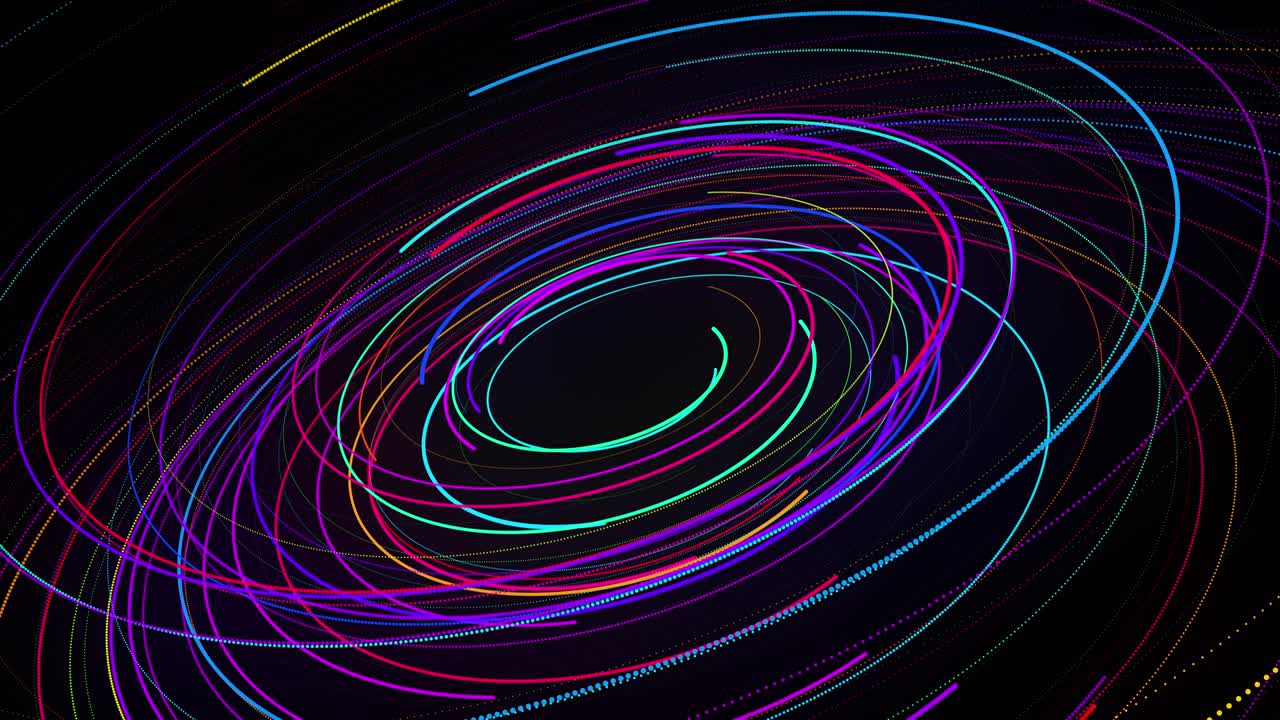 회전하는 경로를 따라 회전하는 나선형으로 회전하는 색의 선이나 줄무가 날아갑니다. 모션 디자인은 선이나 트레일, 나선형 및 추상적인 구조를 형성하는 입자의 bg입니다.