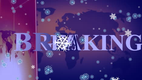 animation of falling snowflakes and breaking news text over continents on purple background