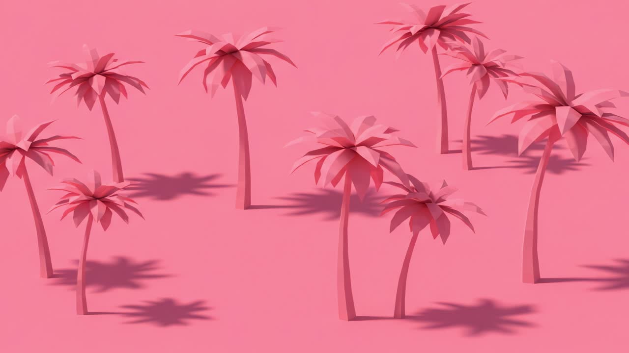 A Serene Landscape Depicting Pink Paper Palm Trees Surrounded by Soft Shadows on a Vibrant Pink Background, Evoking a Playful and Whimsical Atmosphere