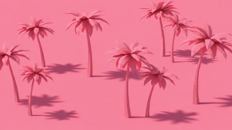 a serene landscape depicting pink paper palm trees surrounded by soft shadows on a vibrant pink background, evoking a playful and whimsical atmosphere