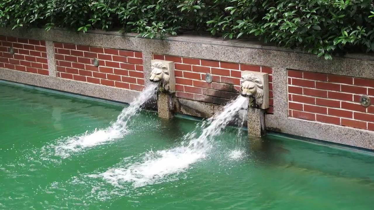 Fuentes de leones en la Ciudad Venecia de Shanghái - Desbordan en el agua verde