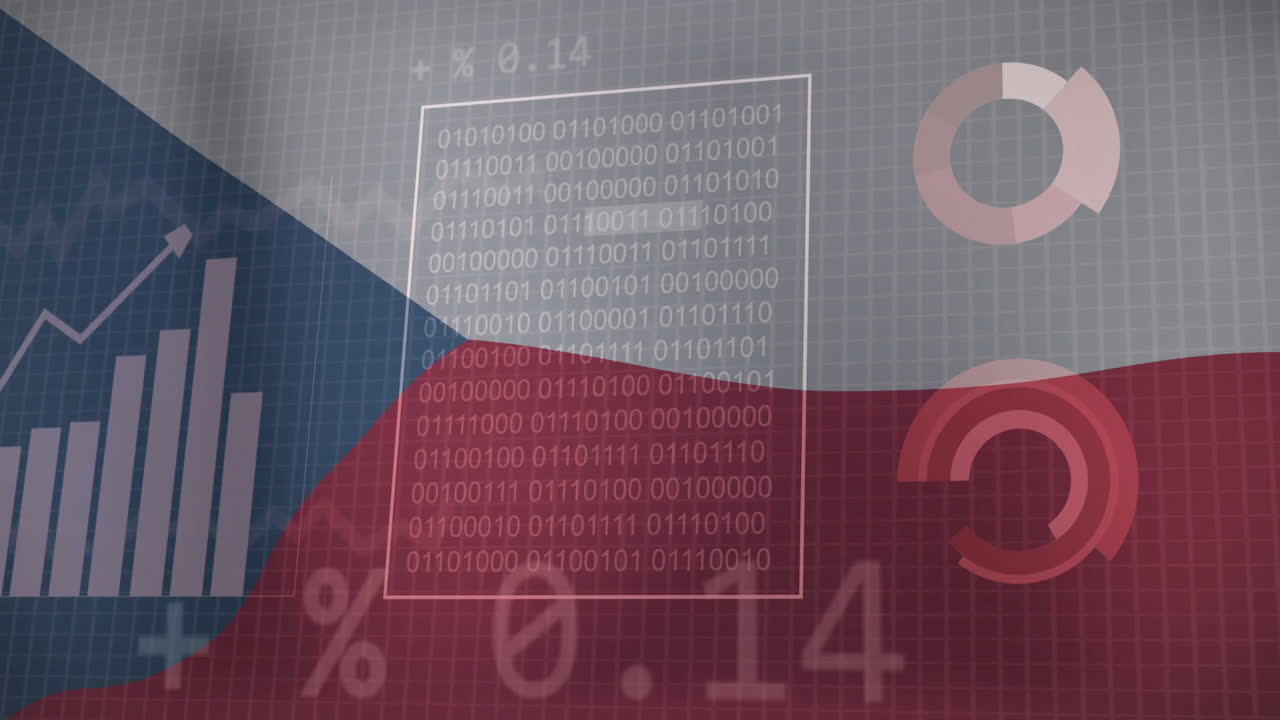 체코 국기 배경에 바이너리 코드 및 금융 데이터 애니메이션