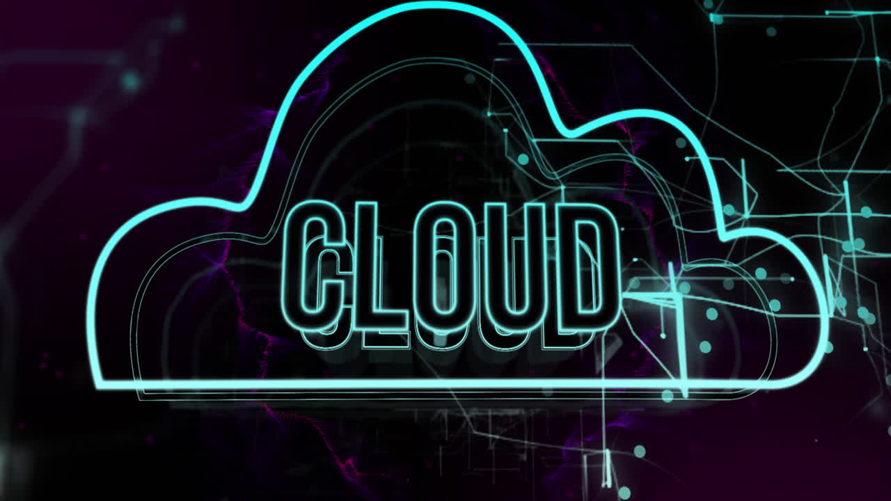 animación de texto en la nube e icono con procesamiento de datos