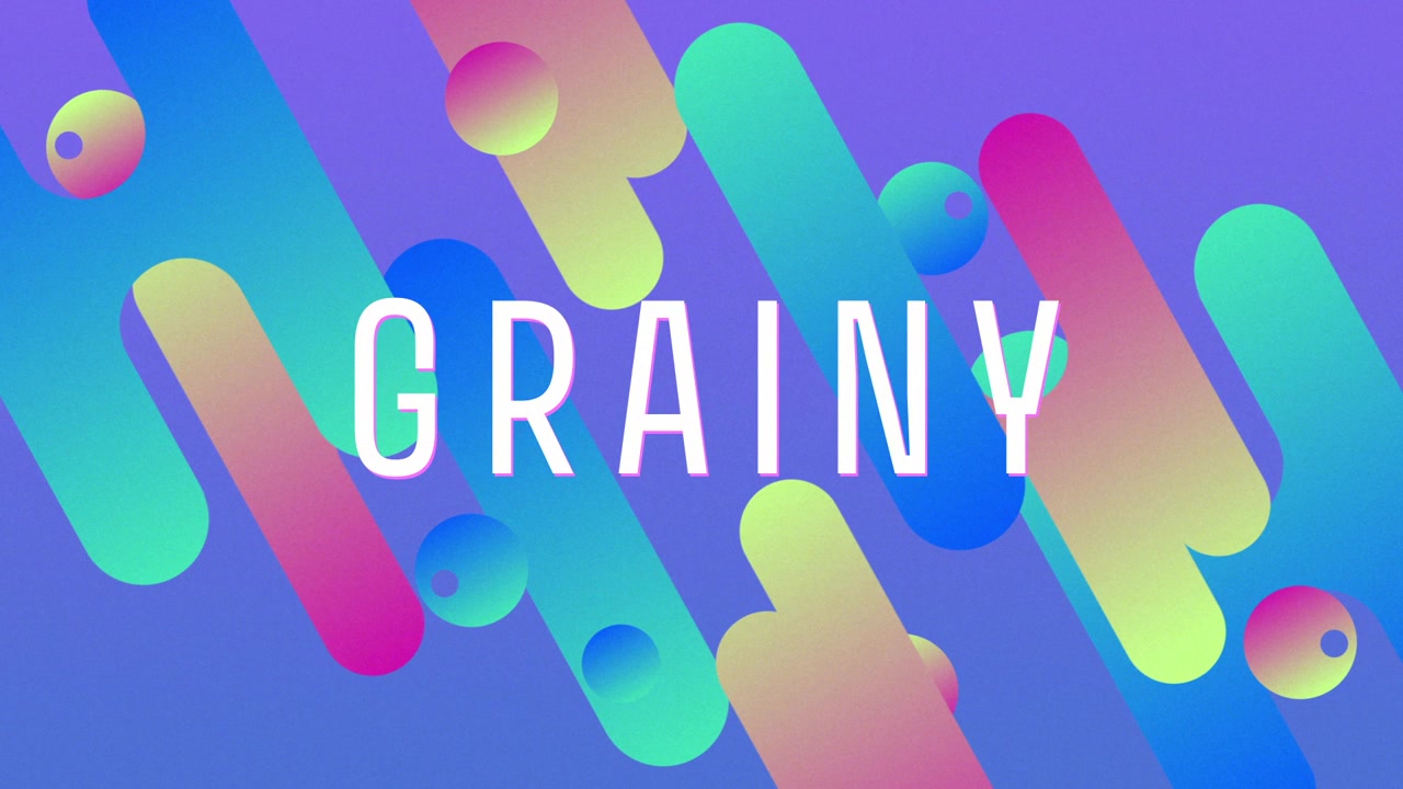 ミントグリーンの画面を横切って図形がスライドし、虹色の図形が漂う中で「GRAINY」というテキストが現れる