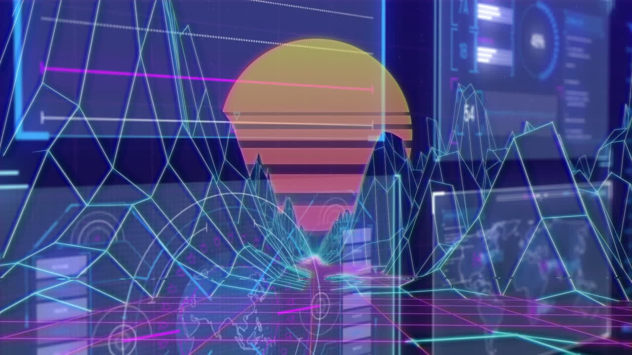 Animation of digital mountains and sun over data processing on blue background