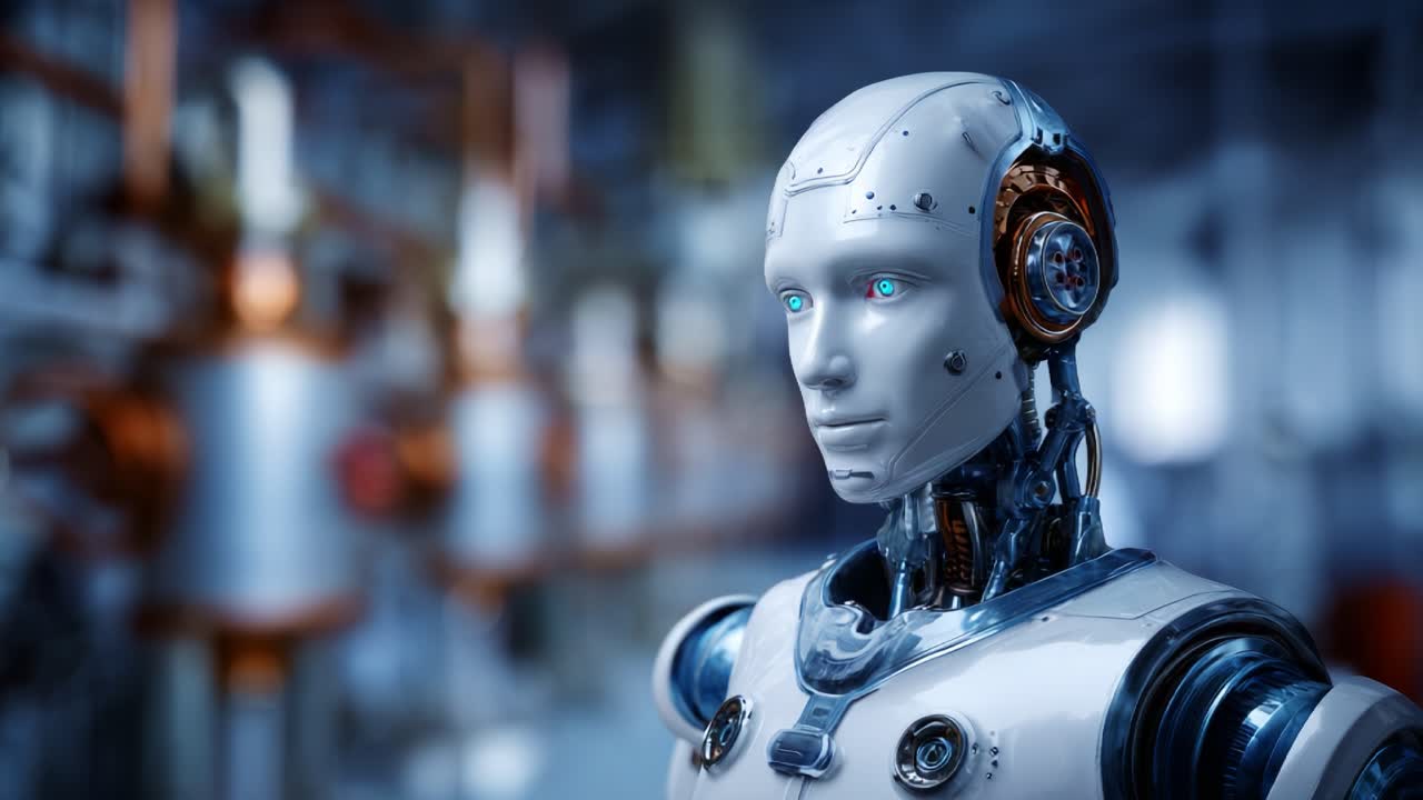 Fütüristik, insansı robot, yüksek teknoloji ürünü bir ortamda gelişmiş teknolojiyi ve karmaşık mekanik tasarımı sergileyen etkileyici mavi gözlere sahip
