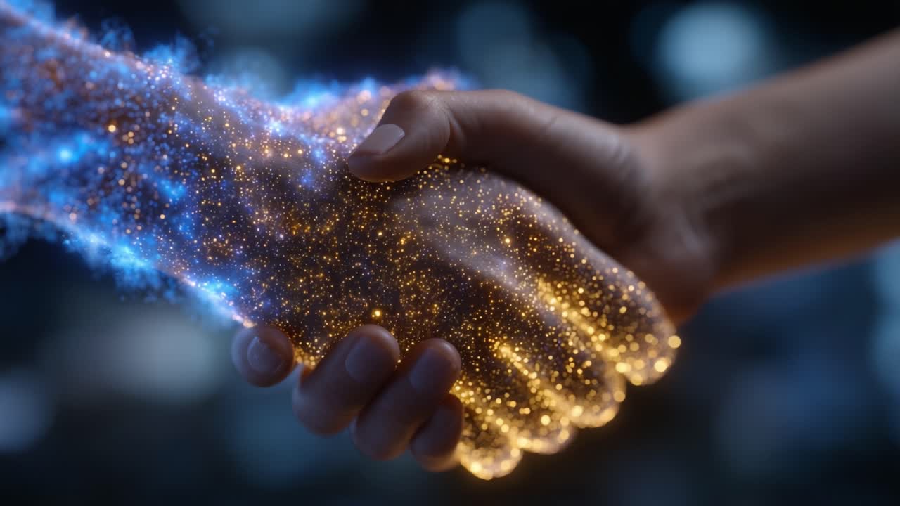 Una stretta di mano cosmica: il simbolo di unità e connessione tra due entità eteree avvolte in stelle e scintille, a significare un nuovo inizio in un regno magico