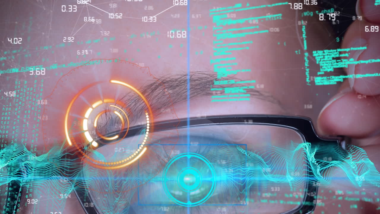 animación del círculo de procesamiento y los datos en la pantalla digital sobre el ojo del hombre caucásico