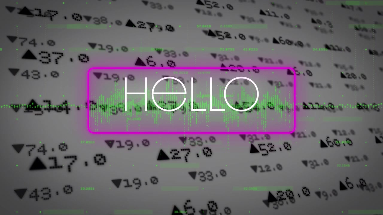 Animation of hello text over neon purple banner and stock market data processing on grey background