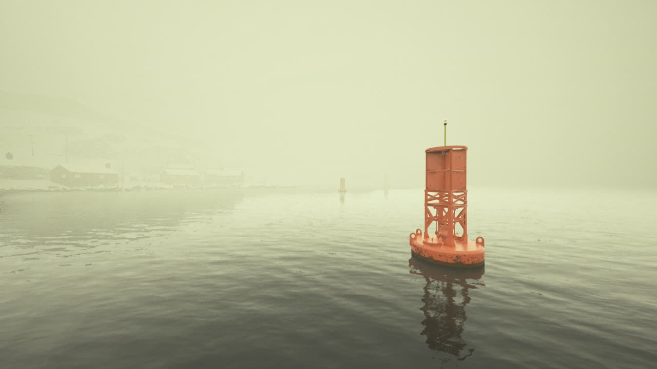 Bright orange buoy in a foggy harbor during early morning hours