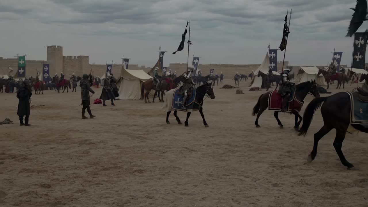 Un video grandangolare cattura una scena di rievocazione di una battaglia medievale con cavalieri a cavallo, tende