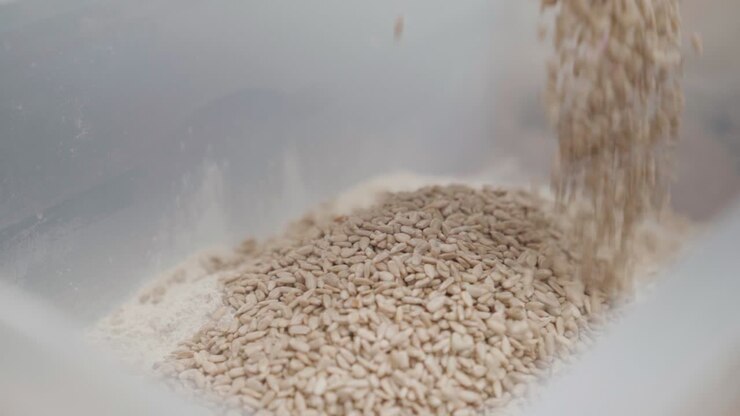 Pouring shelled sunflower seeds into a bowl in slow motion