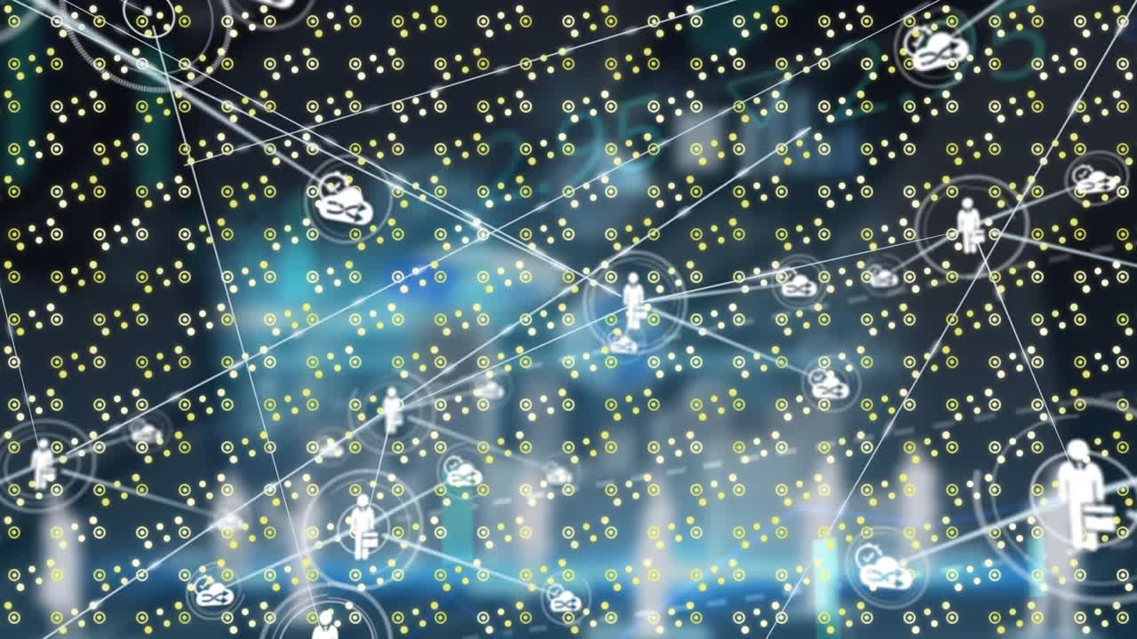 Animation of network of digital icons against abstract shapes pattern design against data processing