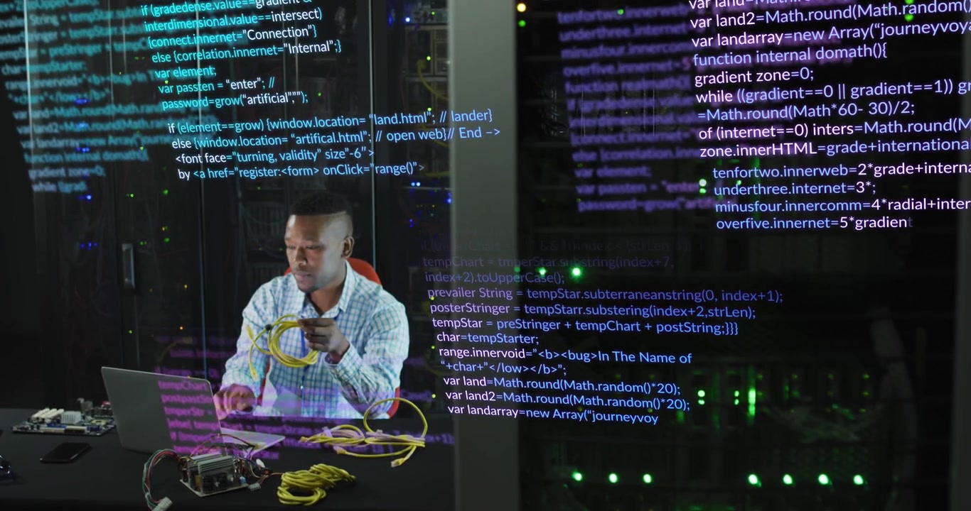 African American Man Working in Data Center with Digital Code Overlay