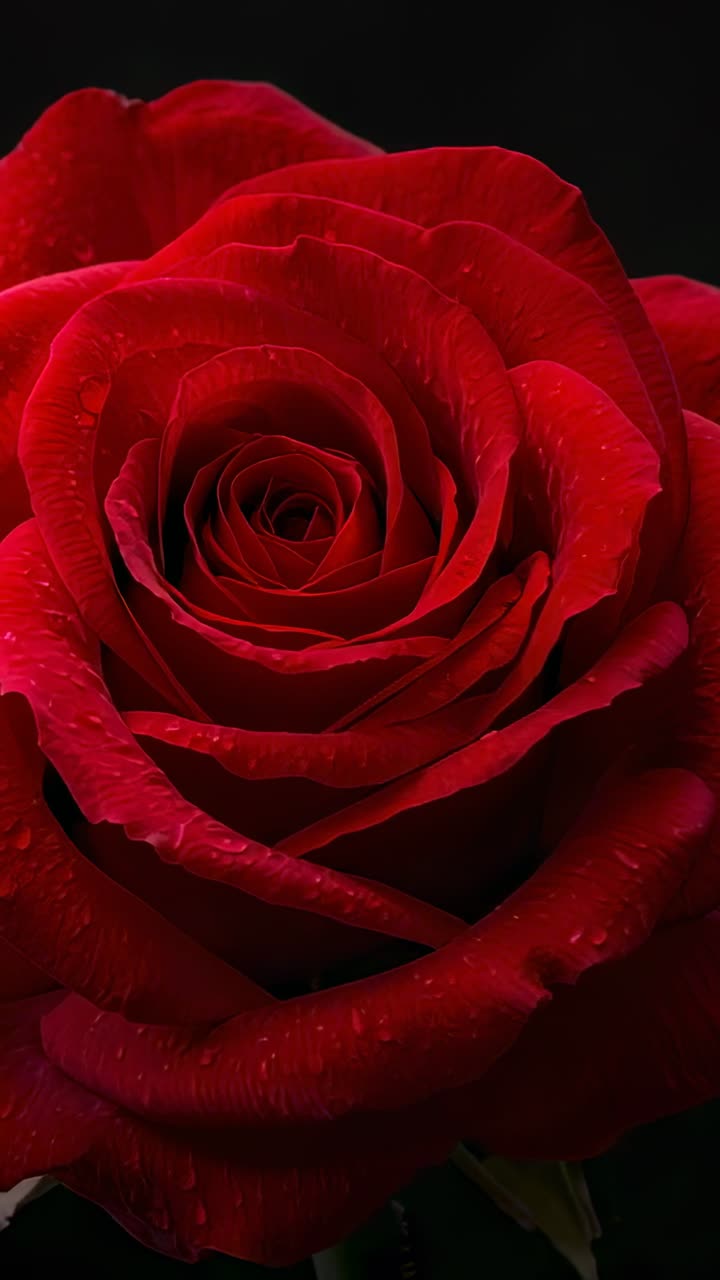 Video verticale: ripresa ravvicinata in studio di una rosa rossa con spostamento della camera, che mostra le gocce d'acqua