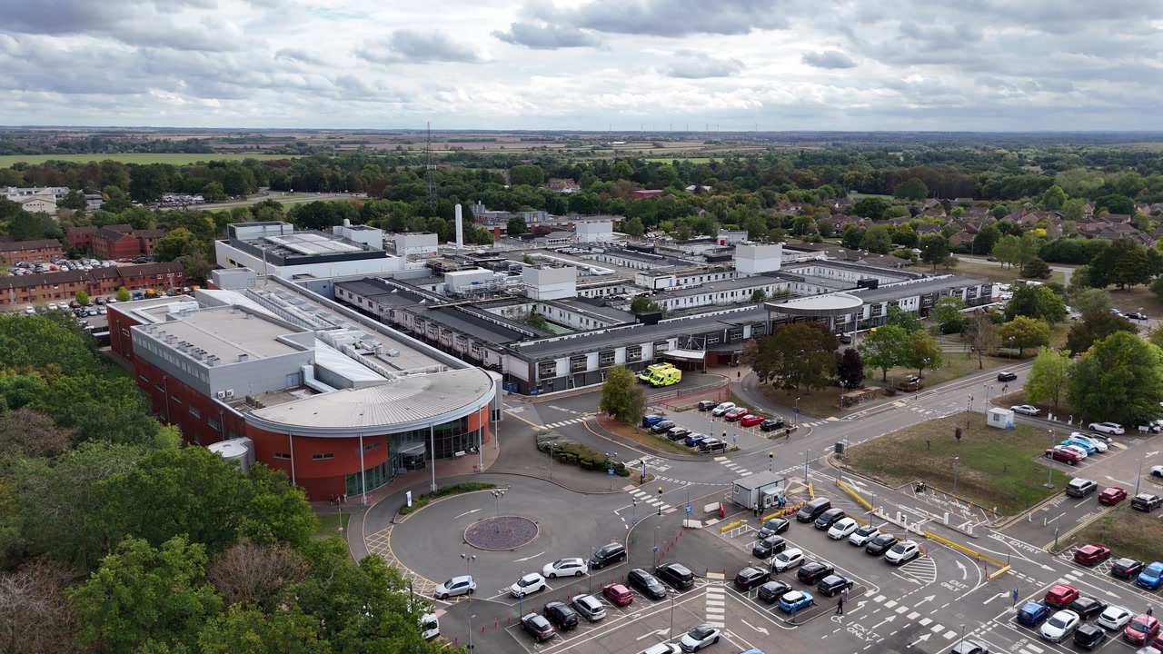 Hinchingbrooke Hospital panning drone,aerial Cambridgeshire UK