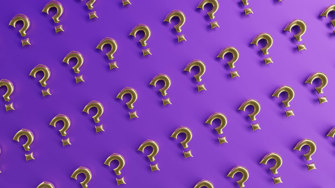 3d rendering animation of question marks purple background gold