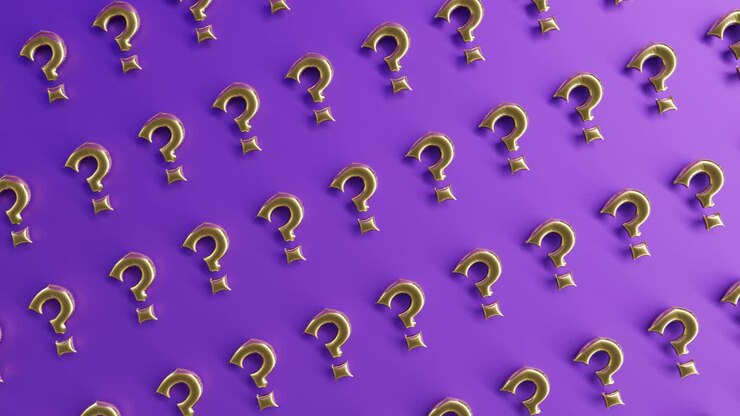 3d rendering animation of question marks purple background gold