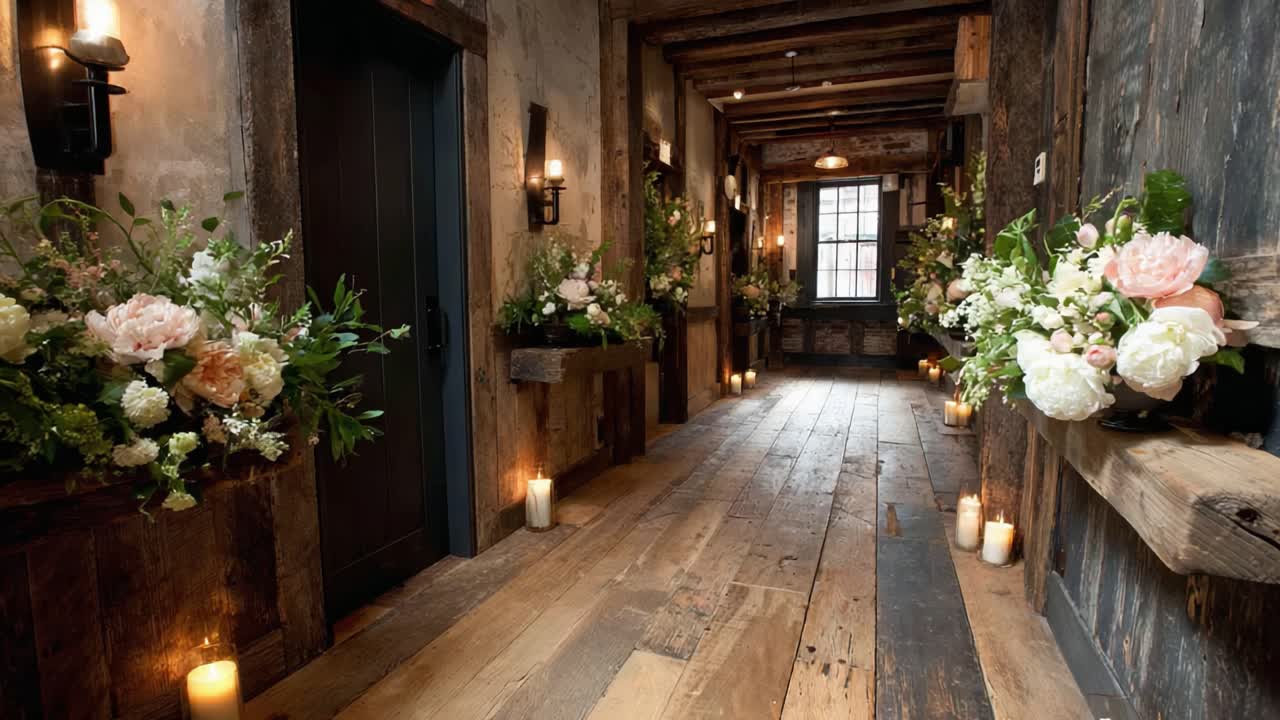 Elegant Floral Arrangements Accent a Rustic Hallway with Warm Ambient Lighting Creating a Charming Atmosphere for Any Event or Gathering
