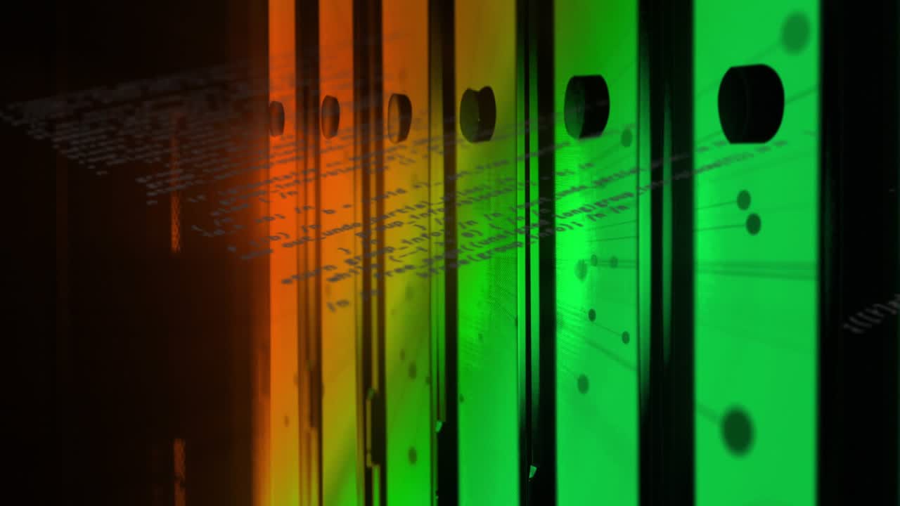 Diagonal code sliding from left causing droplets forming on green panels, visualizing tech data