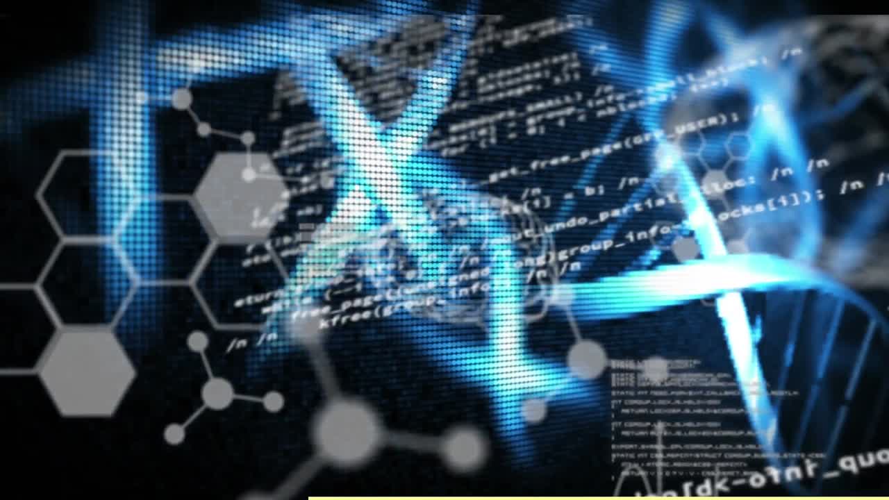dna, 화학, 분자 구조 및 데이터 처리에 대항하여 회전하는 인간 아이콘의 애니메이션