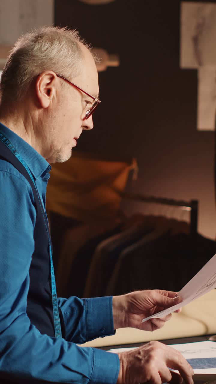 Video verticale. Un sarto di alta moda senior lavora al design degli articoli