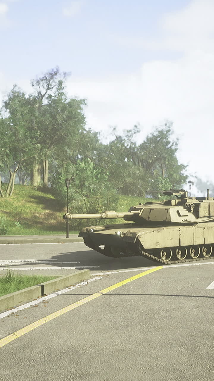 Military tank navigating a winding road in a scenic park landscape