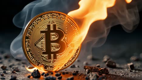 burning bitcoin coin representing cryptocurrency volatility