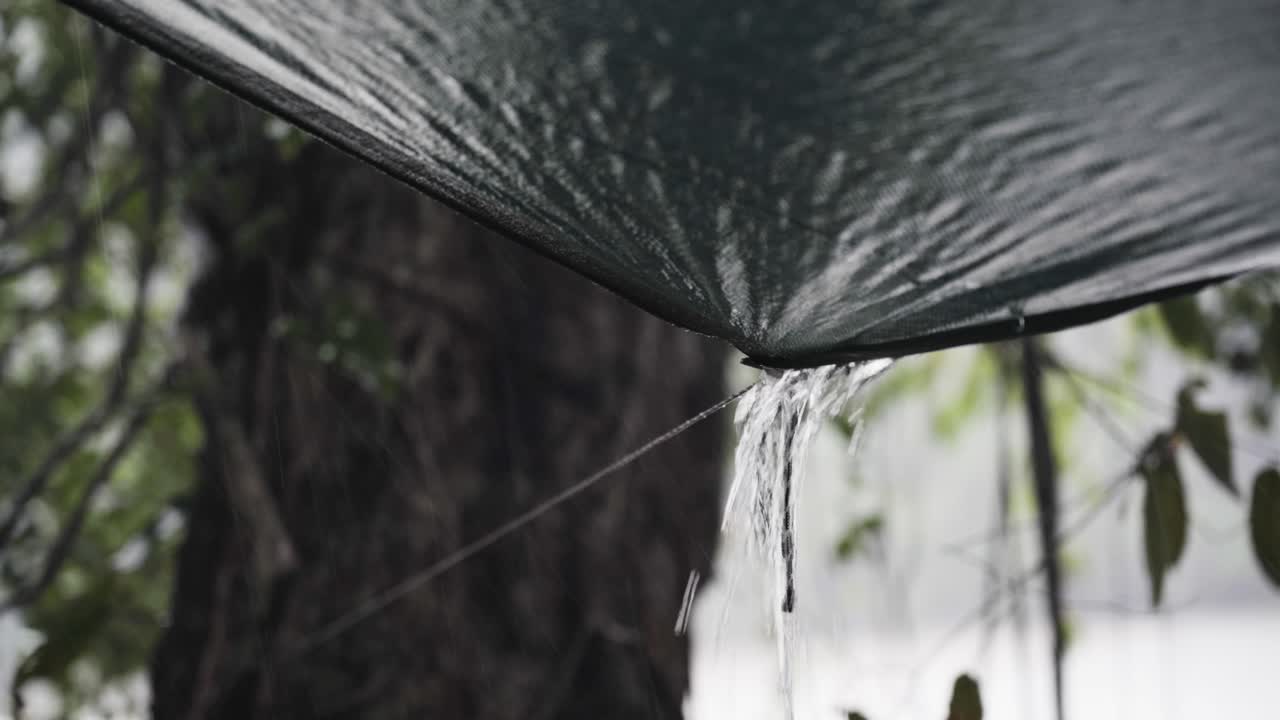 Rain from the tarpaulin in the jungle