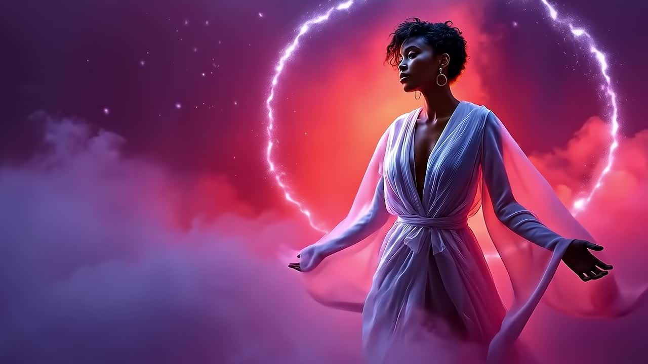 A woman in a white dress standing in the clouds