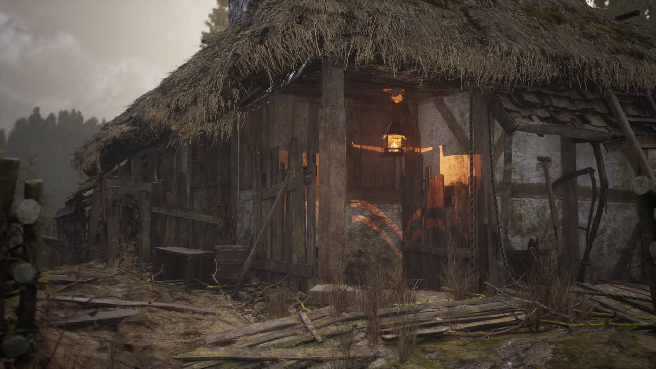 나무로 된 폐허가 된 집 들 이 있는 옛 마을