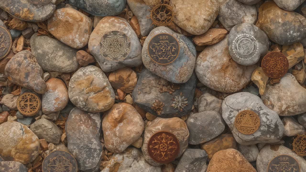 Pulling camera overhead, moving in on centered pebble bed, revealing bluish-gray medallion marks