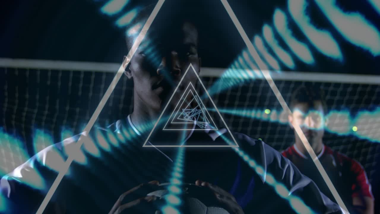Camera framing front player adjusting grip on soccer ball, neon triangles aligning torso for sports