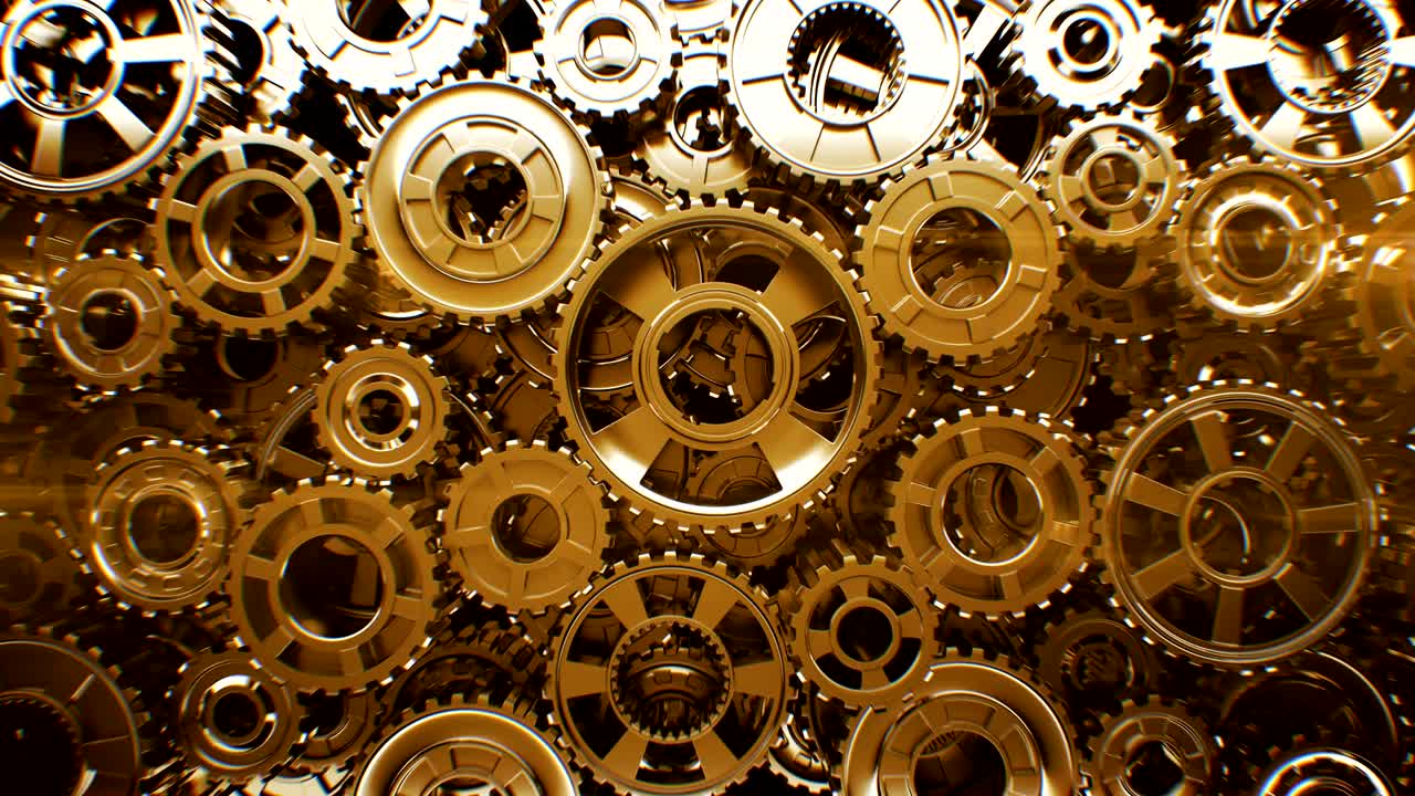 hermosa pared de engranajes dorados vista frontal rotación sin costuras. hermosa animación en bucle 3d. proceso de trabajo abstracto. trabajo en equipo concepto de negocio y tecnología.