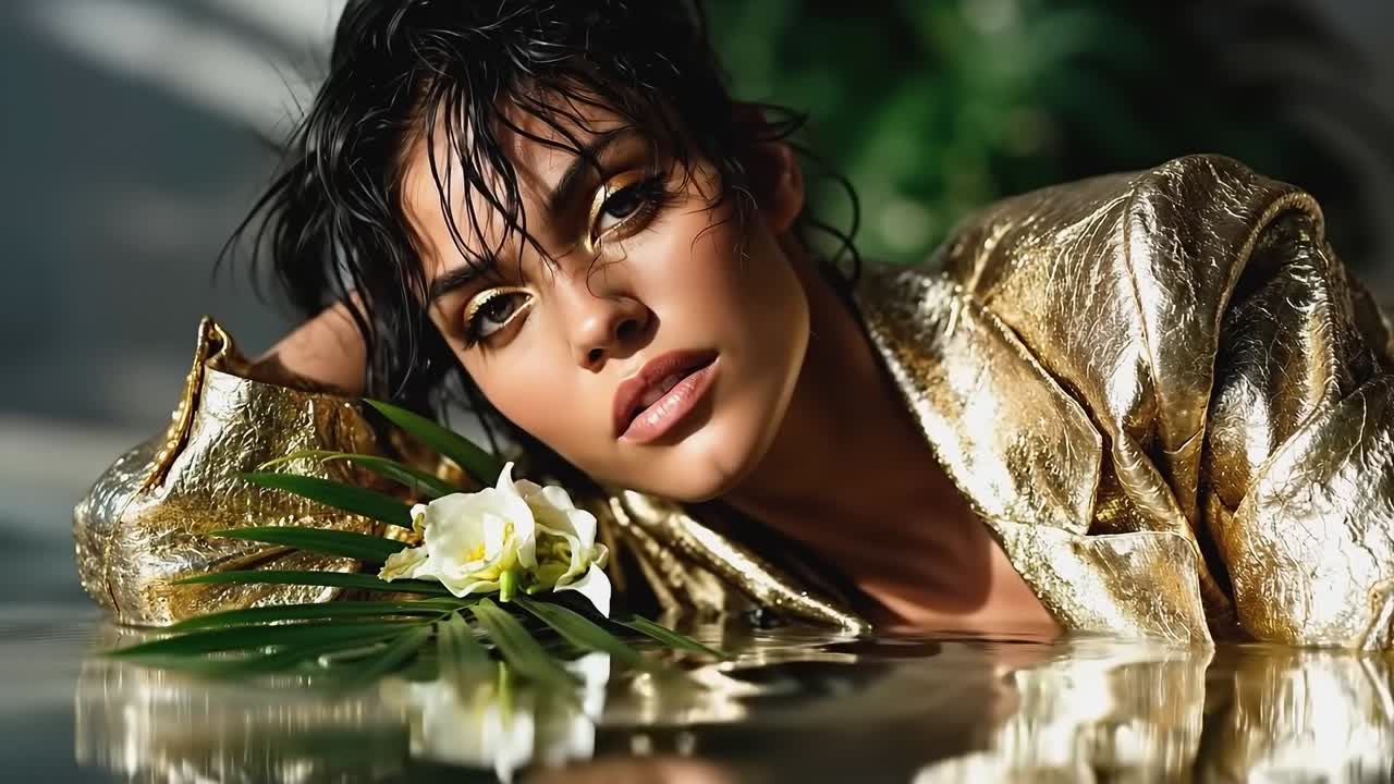 A woman laying in the water with a flower in her hand