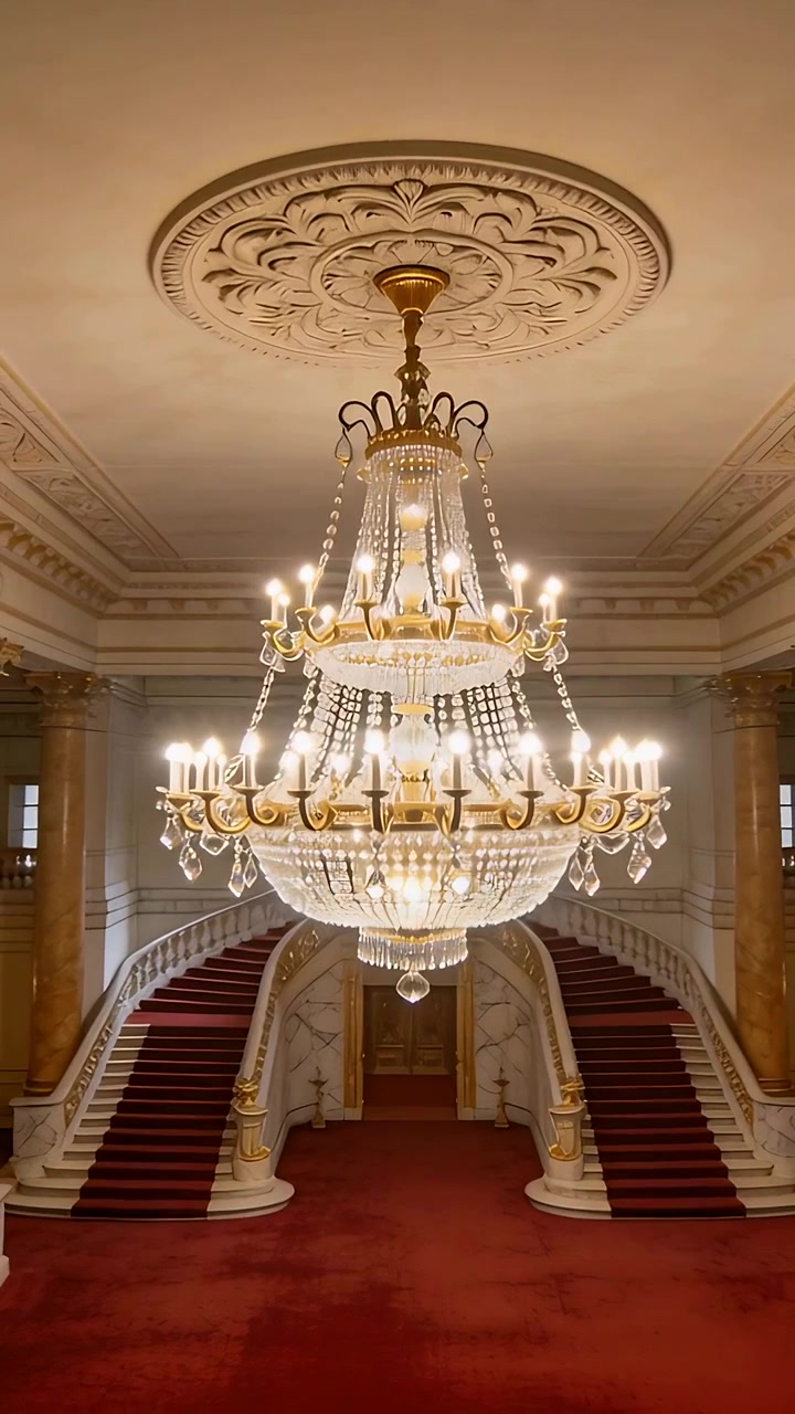Video verticale: Telecamera che si allontana rivelando un lampadario in una lussuosa hall, mostrando una doppia scalinata.