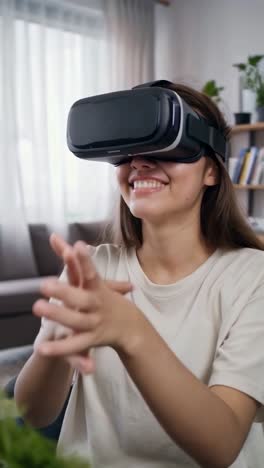 smiling woman wearing virtual reality goggles in the living room