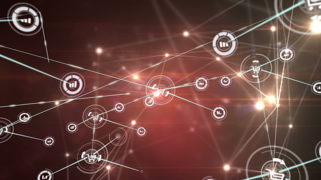 animación de redes de conexiones con iconos en fondo negro