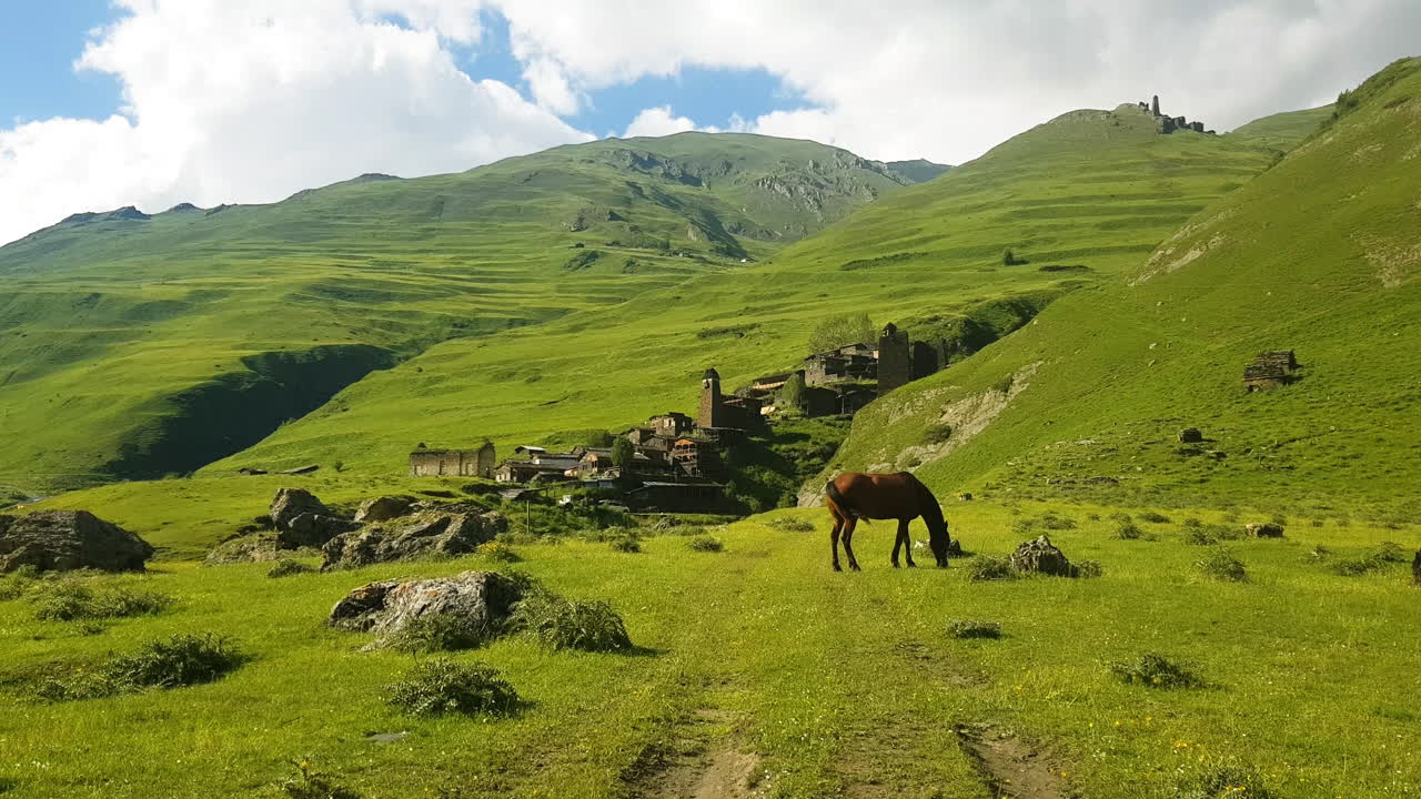 caballo en un pasto verde bajo los viejos edificios de piedra de la aldea de dartlo en el paisaje de la región de tusheti, georgia