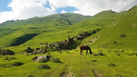 Caballo-En-Pastos-Verdes-Bajo-Los-Antiguos-Edificios-De-Piedra-Del-Pueblo-De-Dartlo-En-El-Paisaje-De-La-Región-De-Tusheti,-Georgia