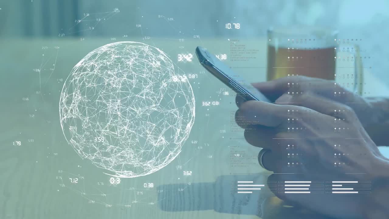 animación del globo de la red de conexiones y procesamiento de datos sobre el hombre usando un teléfono inteligente