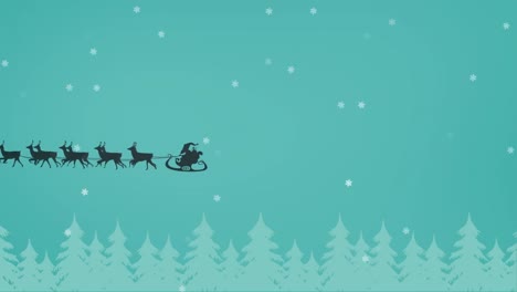 Animation-of-black-silhouette-of-santa-claus-in-sleigh-being-pulled-by-reindeers-and-snow-falling-on