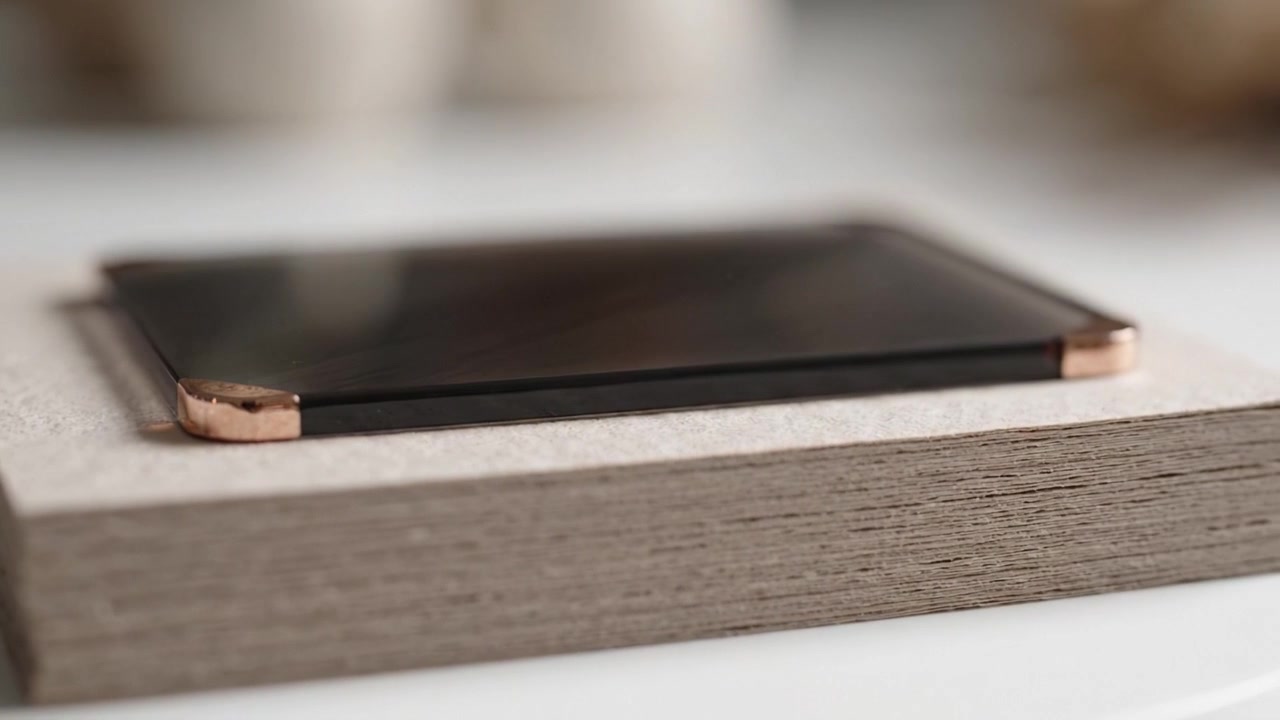 Elegant sort og rosaguld geometrisk design hvilende på lagdelt tekstureret materiale i minimalistiske omgivelser, der fanger moderne æstetik og håndværk.