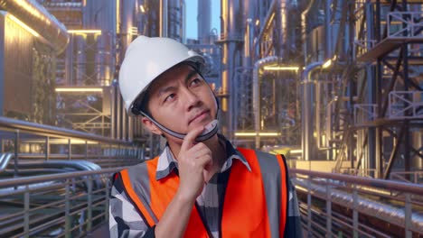 close up of asian male engineer with safety helmet thinking and looking around then raising his index finger while standing at a vast oil refinery