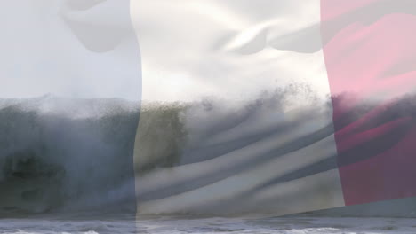 animation of flag of france waving over crashing waves in sea