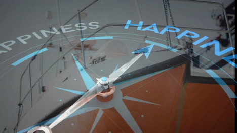 compass pointing to happiness animation over boat in harbor