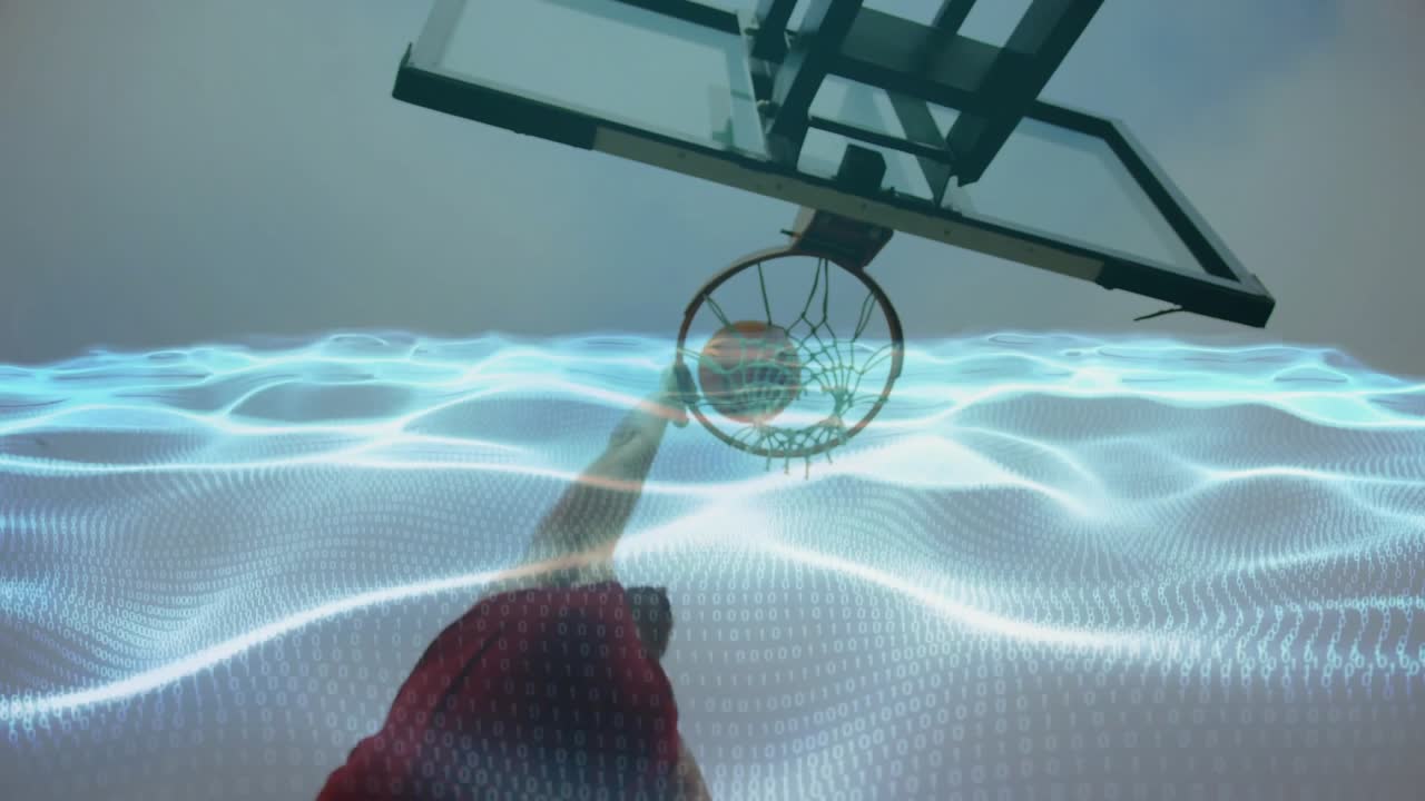 Male athlete rising from glowing grid, dunking ball to score through clear backboard, net rippling