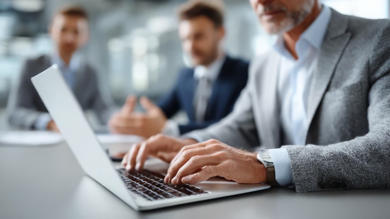 Professional Collaboration in a Modern Office: A Mature Businessman Engaging with Technology in a Meeting Environment while Team Members Participate in Discussion
